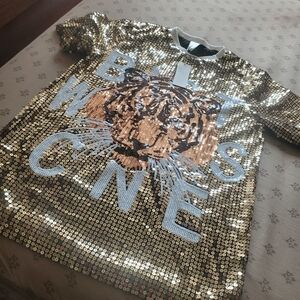 Gold Sequin Tiger Graphic T-Shirt